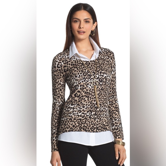 Chico's Sweaters - Chico’s Braylynn leopard pullover print sweater size medium with white collar